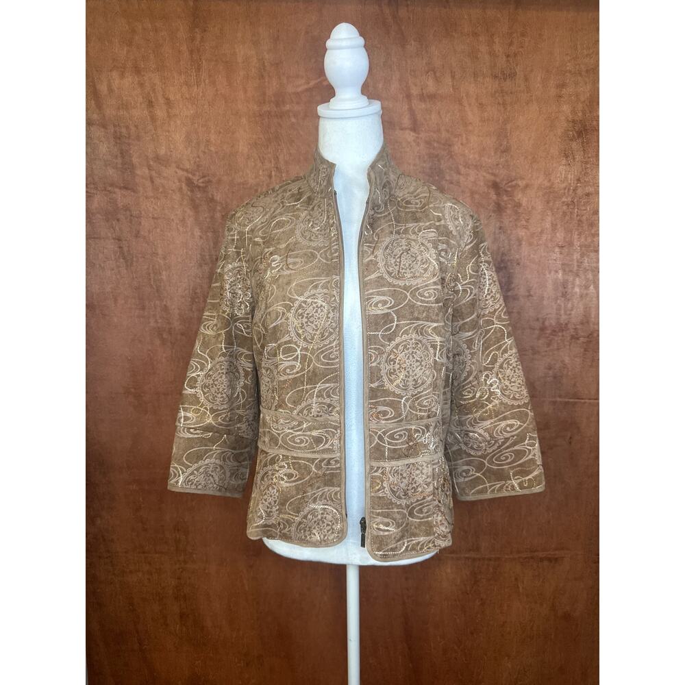 Coldwater Creek jacket blazer 14P brown floral embroidered zip front 3/4 Sleeves